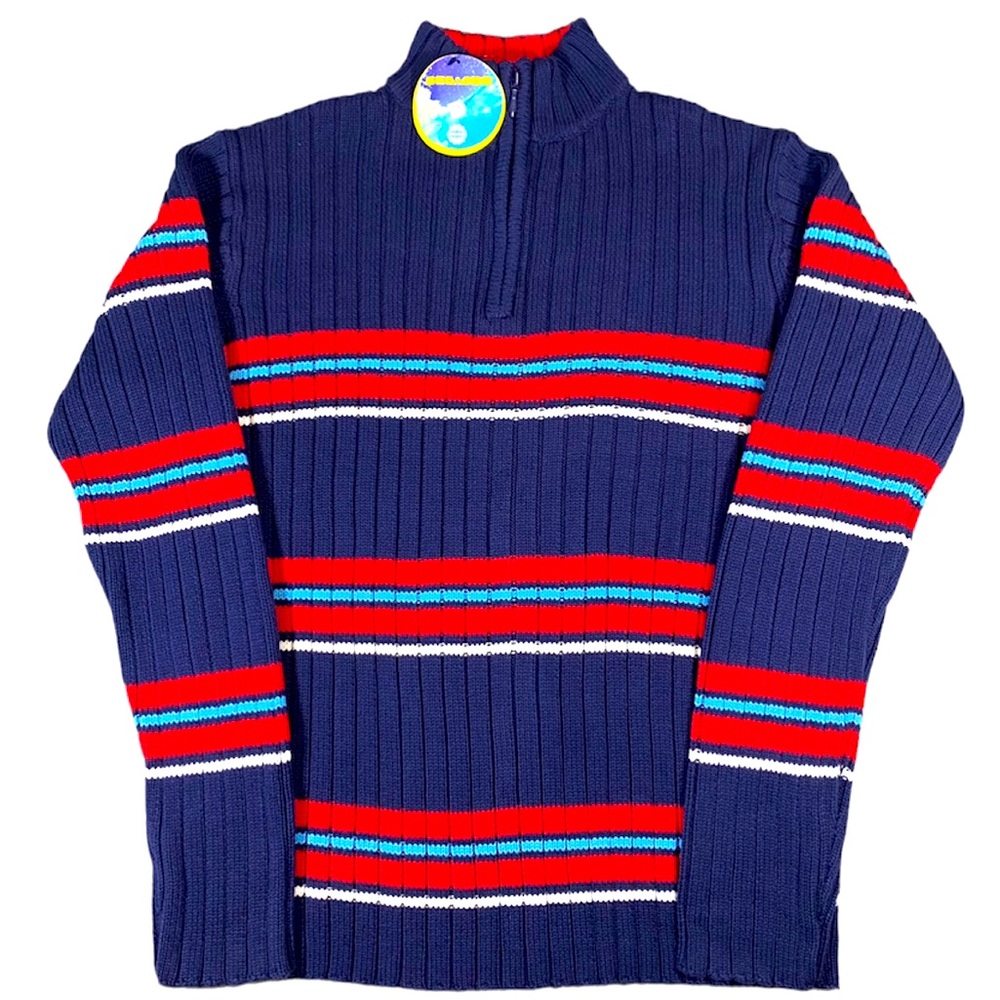 Knit Sweater Men’s Large Chunky Bombardier Key West 1/4 Zip Striped Blue Red